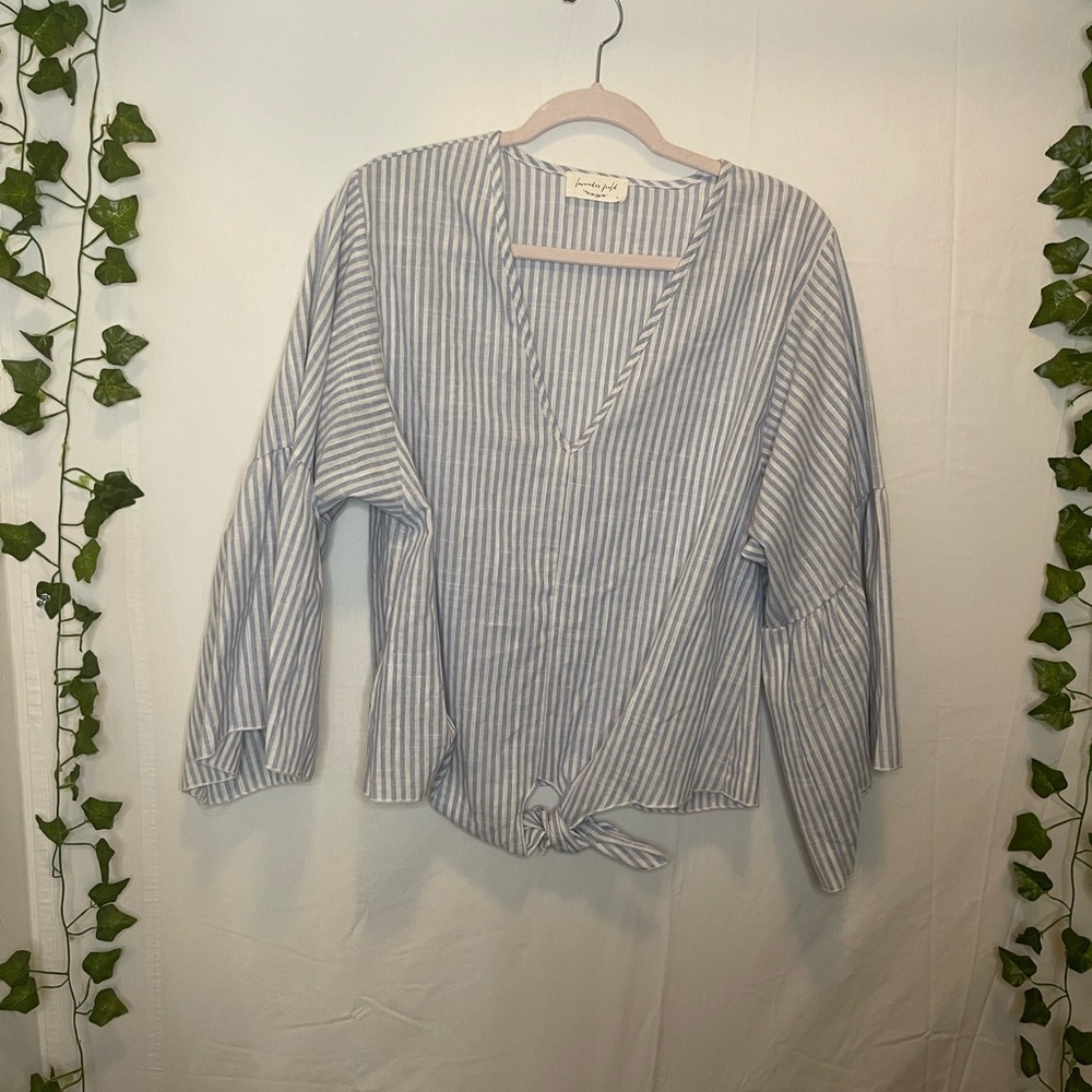 Lavender field large blue and white striped top with puffed sleeves and a tie